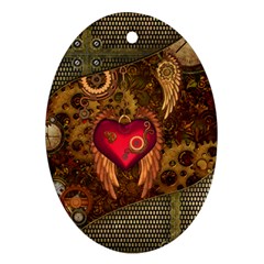 Steampunk Golden Design, Heart With Wings, Clocks And Gears Ornament (oval) by FantasyWorld7