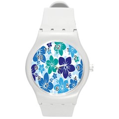 Hibiscus Flowers Green Blue White Hawaiian Round Plastic Sport Watch (m)