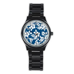 Hibiscus Flowers Seamless Blue White Hawaiian Stainless Steel Round Watch