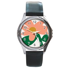 Peach Sunflower Flower Pink Green Round Metal Watch