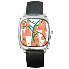 Portraits Plants Carrot Polka Dots Orange Green Square Metal Watch by Mariart