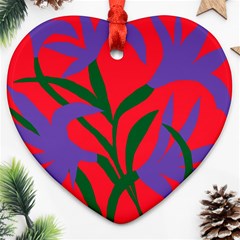 Purple Flower Red Background Heart Ornament (two Sides) by Mariart