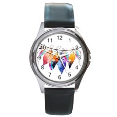 Watercolor Feathers Round Metal Watch by LimeGreenFlamingo