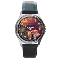 Tropical Style Collage Design Poster Round Metal Watch