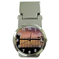 Small Bird Over Fence Backlight Sunset Scene Money Clip Watches by dflcprints