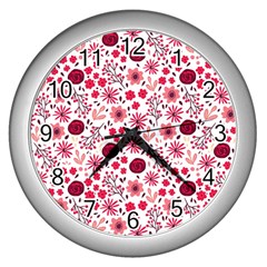 Red Floral Seamless Pattern Wall Clocks (silver)  by TastefulDesigns