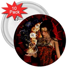 Steampunk, Beautiful Steampunk Lady With Clocks And Gears 3  Buttons (10 Pack)  by FantasyWorld7