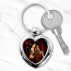 Steampunk, Beautiful Steampunk Lady With Clocks And Gears Key Chains (heart)  by FantasyWorld7