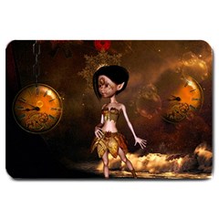 Steampunk, Cute Little Steampunk Girl In The Night With Clocks Large Doormat  by FantasyWorld7