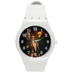 The Dark Side, Women With Skulls In The Night Round Plastic Sport Watch (m) by FantasyWorld7