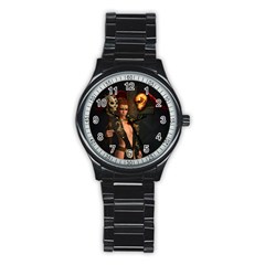 The Dark Side, Women With Skulls In The Night Stainless Steel Round Watch by FantasyWorld7