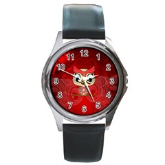 Cute Colorful  Owl, Mandala Design Round Metal Watch by FantasyWorld7