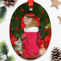 Christmas, Funny Kitten With Gifts Oval Ornament (two Sides) by FantasyWorld7