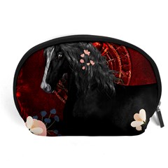 Awesmoe Black Horse With Flowers On Red Background Accessory Pouches (large)  by FantasyWorld7