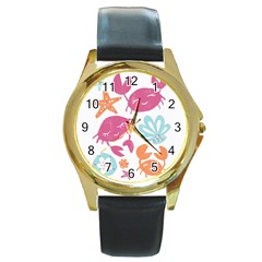 Animals Sea Flower Tropical Crab Round Gold Metal Watch