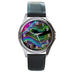 Aurora Wave Colorful Space Line Light Neon Visual Cortex Plate Round Metal Watch by Mariart