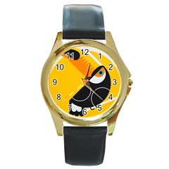 Cute Toucan Bird Cartoon Yellow Black Round Gold Metal Watch by Mariart