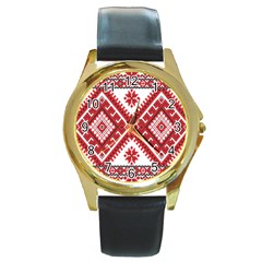 Model Traditional Draperie Line Red White Triangle Round Gold Metal Watch by Mariart