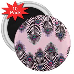 Peacock Feather Pattern Pink Love Heart 3  Magnets (10 Pack) 