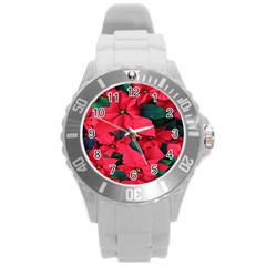 Red Poinsettia Flower Round Plastic Sport Watch (l) by Mariart