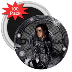 Steampunk, Steampunk Lady, Clocks And Gears In Silver 3  Magnets (100 Pack) by FantasyWorld7