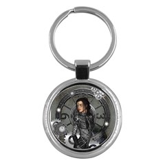 Steampunk, Steampunk Lady, Clocks And Gears In Silver Key Chains (round)  by FantasyWorld7