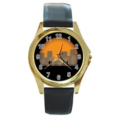 City Buildings Couple Man Women Round Gold Metal Watch by Nexatart