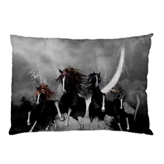 Awesome Wild Black Horses Running In The Night Pillow Case (two Sides) by FantasyWorld7