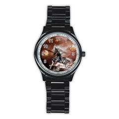 Steampunk, Awesome Steampunk Horse With Clocks And Gears In Silver Stainless Steel Round Watch by FantasyWorld7