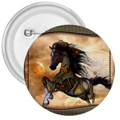 Steampunk, Wonderful Steampunk Horse With Clocks And Gears, Golden Design 3  Buttons by FantasyWorld7