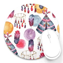 Boho Tribal Watercolor White Pattern Round Mousepads by paulaoliveiradesign