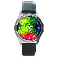 Neon Rainbow Green Pink Blue Red Painting Round Metal Watch