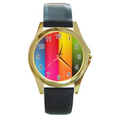 Rainbow Stripes Vertical Lines Colorful Blue Pink Orange Green Round Gold Metal Watch