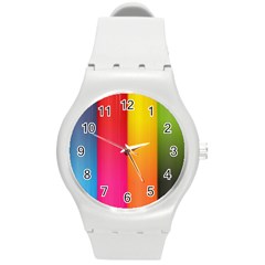 Rainbow Stripes Vertical Lines Colorful Blue Pink Orange Green Round Plastic Sport Watch (m) by Mariart