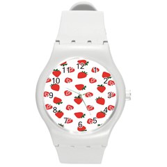 Red Fruit Strawberry Pattern Round Plastic Sport Watch (m)