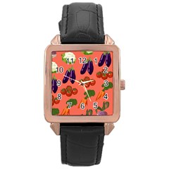 Vegetable Carrot Tomato Pumpkin Eggplant Rose Gold Leather Watch 