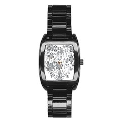 Grayscale Floral Heart Background Stainless Steel Barrel Watch