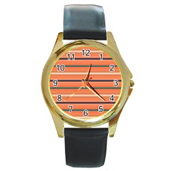 Horizontal Line Orange Round Gold Metal Watch by Mariart