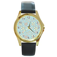 Flower Blue Butterfly Bird Yellow Floral Sexy Round Gold Metal Watch