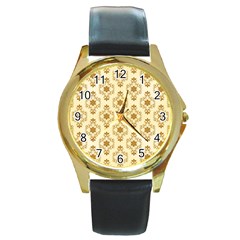 Flower Brown Star Rose Round Gold Metal Watch