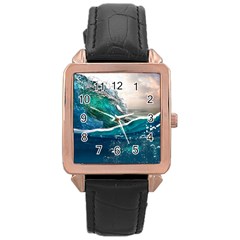 Sea Wave Waves Beach Water Blue Sky Rose Gold Leather Watch 