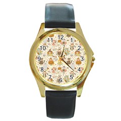 Sinister Helloween Cat Pumkin Bat Ghost Polka Dots Vampire Bone Skull Round Gold Metal Watch by Mariart