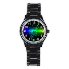 Space Galaxy Green Blue Black Spot Light Neon Rainbow Stainless Steel Round Watch by Mariart