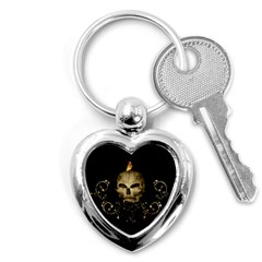 Golden Skull With Crow And Floral Elements Key Chains (heart) 