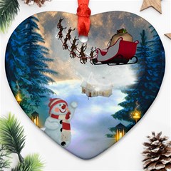 Christmas, Snowman With Santa Claus And Reindeer Ornament (heart) by FantasyWorld7