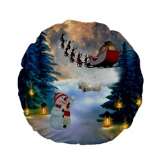 Christmas, Snowman With Santa Claus And Reindeer Standard 15  Premium Flano Round Cushions by FantasyWorld7