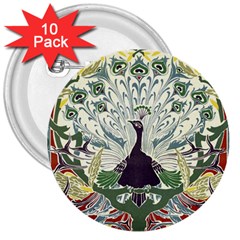 Art Nouveau Peacock 3  Buttons (10 Pack)  by NouveauDesign