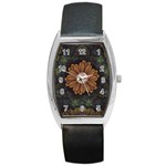 Abloom in Autumn Leaves with Faded Fractal Flowers Barrel Style Metal Watch Front