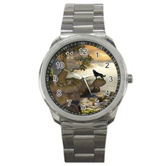 The Lonely Wolf On The Flying Rock Sport Metal Watch by FantasyWorld7