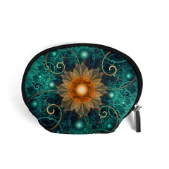 Beautiful Tangerine Orange And Teal Lotus Fractals Accessory Pouches (small)  by jayaprime